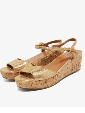TORY BURCH 60mm Abena platform wedge sandals Gold Metallic Cork Size 8.5 NEW